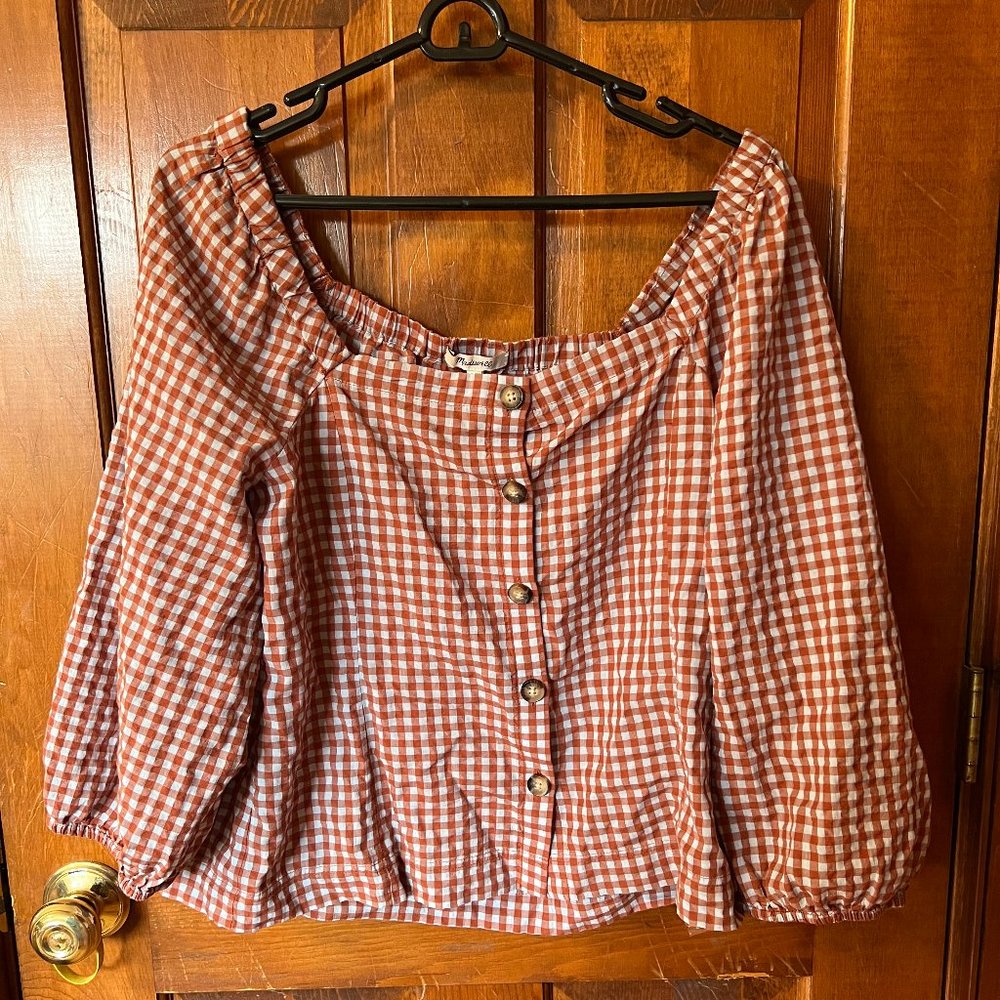 Madewell Gingham Seersucker Puff-Sleeve Button-Front Top